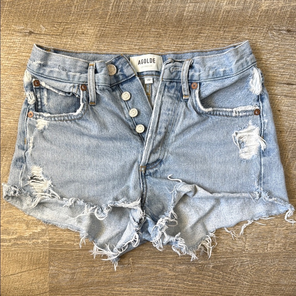 AGOLDE Women's Distressed Denim Shorts Light Blue Size 22
